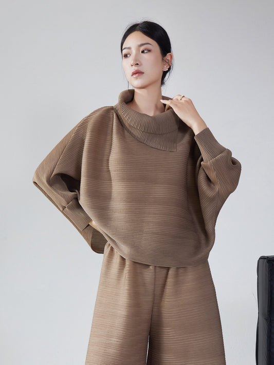 外贸大码女装上衣遮肚子显瘦高级感三宅蝙蝠衫褶皱宽松长袖t恤女