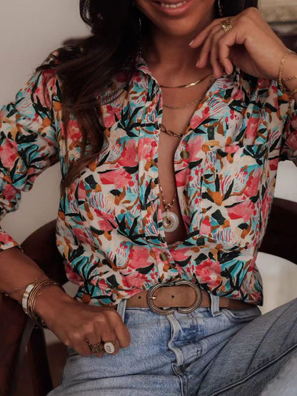 Cross-border foreign trade spring artistic print long-sleeve shirt, women's lapel loose single-breasted shirt, shirt with sleeves