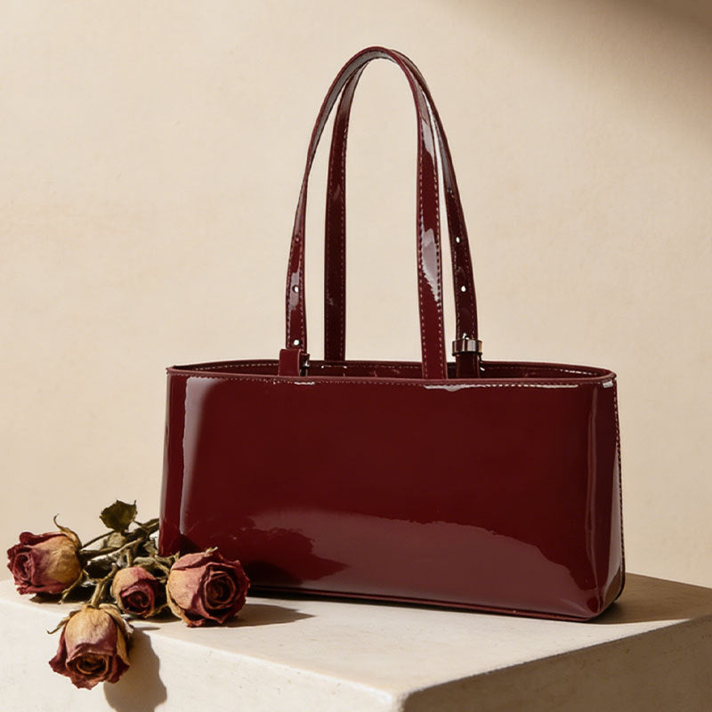 Bolsa estilo francês luxo discreto verniz brilhante Bolsa de ombro curta feminina Grande capacidade para o dia a dia Bolsa de ombro vintage vinho Vermelho Bolsa de mão