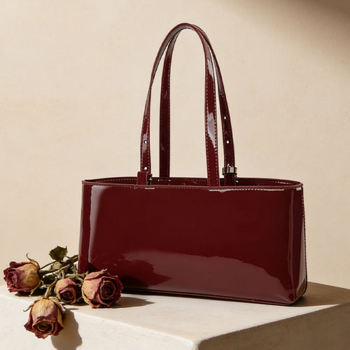 Bolsa estilo francês luxo discreto verniz brilhante Bolsa de ombro curta feminina Grande capacidade para o dia a dia Bolsa de ombro vintage vinho Vermelho Bolsa de mão
