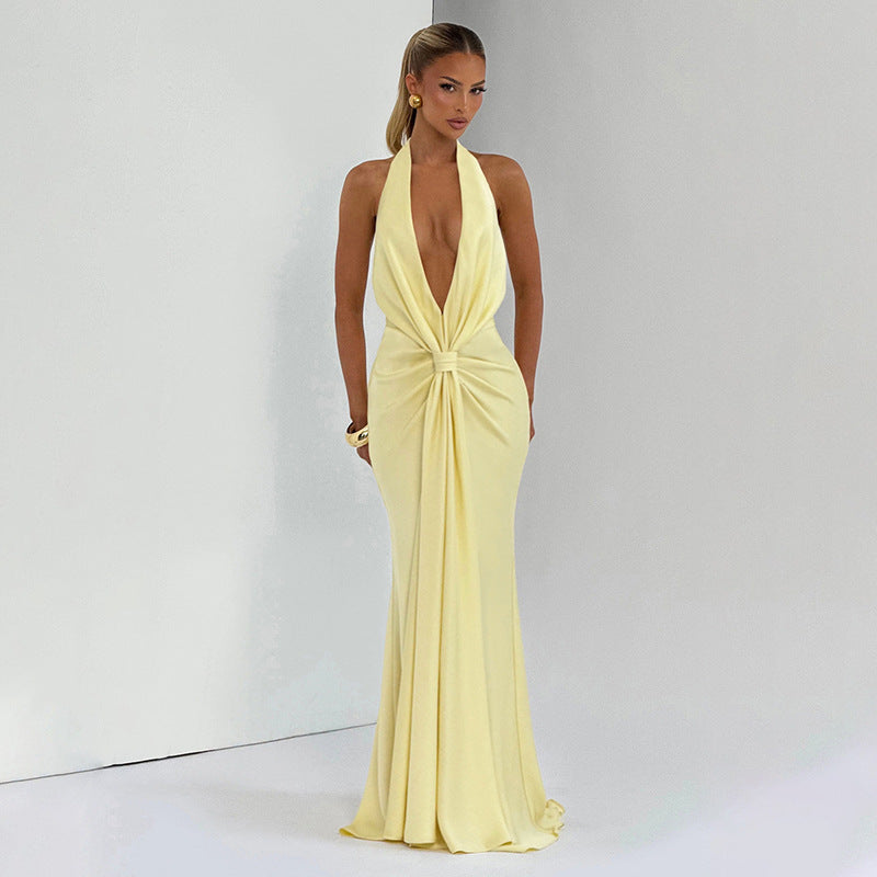 Foreign trade new European and beautiful women's clothing sexy deep V-neck halterneck open back pleated streamer slim fit hip wrap dress dress