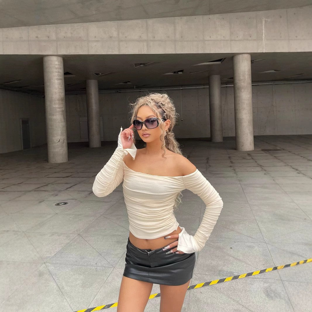 Amazon European and American Women's Clothing 2024 Spring New Arrivals Sexy Off-the-Shoulder Slim Mesh Bell Sleeve Long Sleeve T-Shirt Women