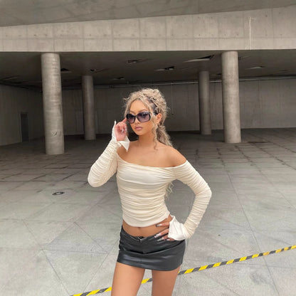 Amazon European and American Women's Clothing 2024 Spring New Arrivals Sexy Off-the-Shoulder Slim Mesh Bell Sleeve Long Sleeve T-Shirt Women