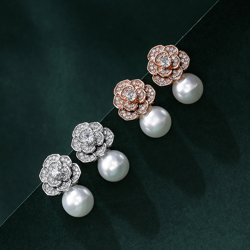 RAKOL 2022 New Creative Rose Flower Light Luxury Zircon Earrings for Women, Fashionable Simple Versatile Pearl Earrings