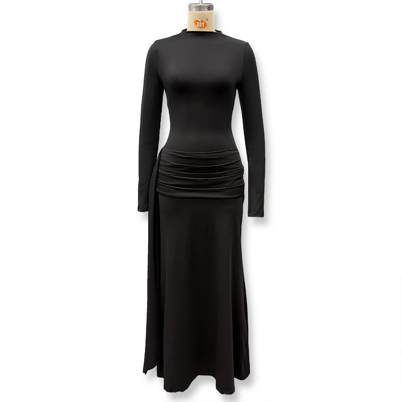 Foreign trade autumn and winter new European and beautiful women's clothing celebrity style solid color high collar long sleeve streamer pleated buttocks temperament dress skirt