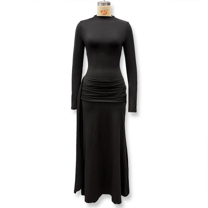 Foreign trade autumn and winter new European and beautiful women's clothing celebrity style solid color high collar long sleeve streamer pleated buttocks temperament dress skirt