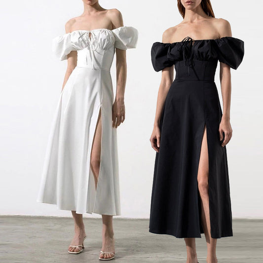 2026 Amazon French Long Skirt European and American Foreign Trade Women's Puff Sleeve Lace-up Slim European and American Large Pose Dress Women