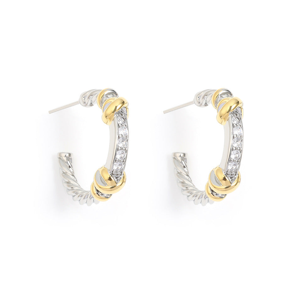 European and American gold and silver two-tone twisted C-ring earrings, slightly inlaid zircon half-ring earrings, cross-border light luxury color-block twisted studs