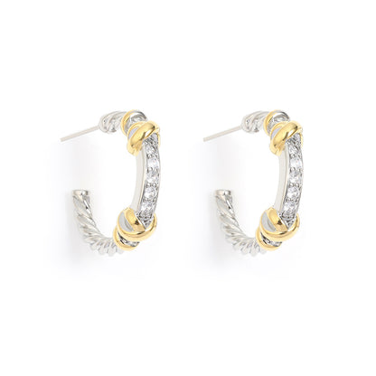 European and American gold and silver two-tone twisted C-ring earrings, slightly inlaid zircon half-ring earrings, cross-border light luxury color-block twisted studs