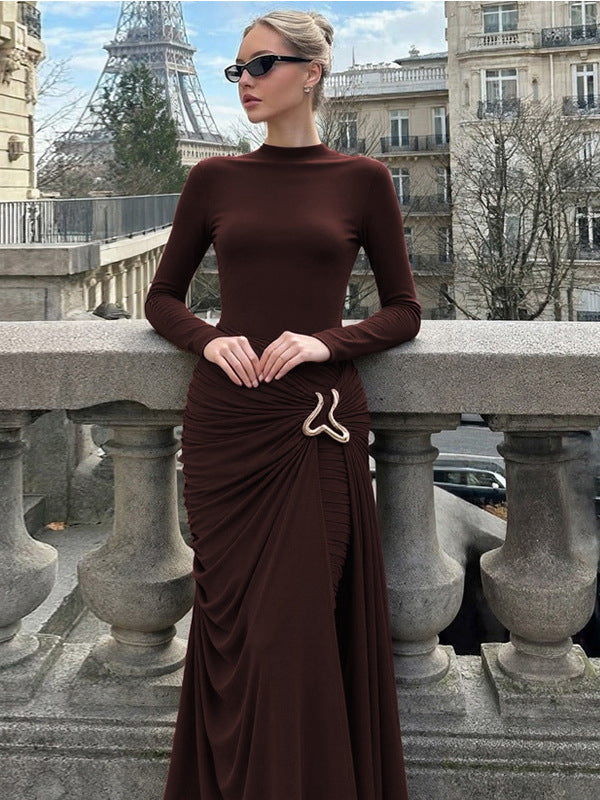 Foreign trade autumn and winter new European and beautiful clothes solid color round neck long sleeve metal decoration pleated hip wrap temperament dress for women - view 2 | Ciaura