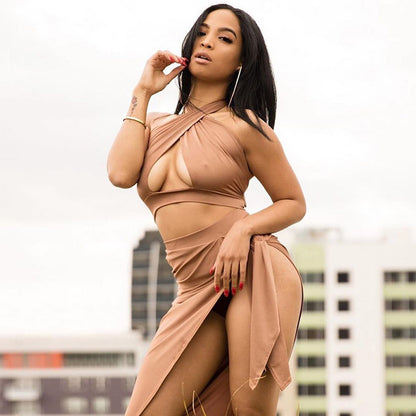 European and American cross-border foreign trade women's two-piece set sexy hollow design halter neck vest slit skirt set