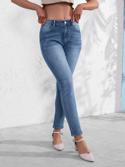 European and American cross-border women's jeans fashionable and versatile stretch pants simple slim slim blue denim trousers