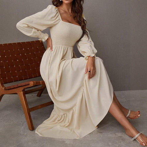 Cross-border, Europe and the United States, spring and autumn 2024, pullover, square neck, long sleeves, ruffled high-waisted, tight-fitting temperament, large swing dress