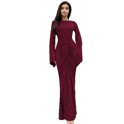 European and American women's autumn new solid color long sleeve slim temperament dress pleated waist strap hip skirt for women
