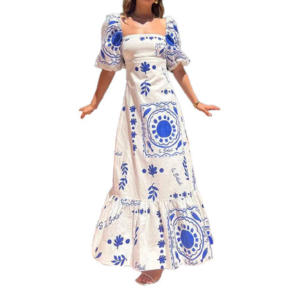 2026 AliExpress European and American clothing temperament elegant fashion printed lantern short sleeve A-line large swing European and American dress