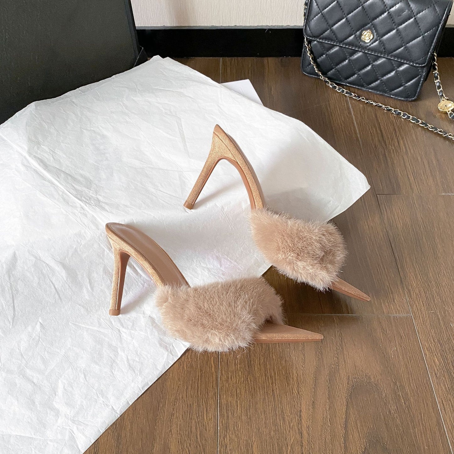 WO2026 Fall/Winter High Heels Women's Wool Slippers Comfortable Thin Heels Pointed Toe Suede Warm and Fashionable Slippers Women
