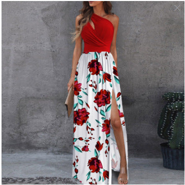 2026 spring new European and American clothing foreign trade slanted shoulder temperament dress sleeveless sexy high-waisted slit dress