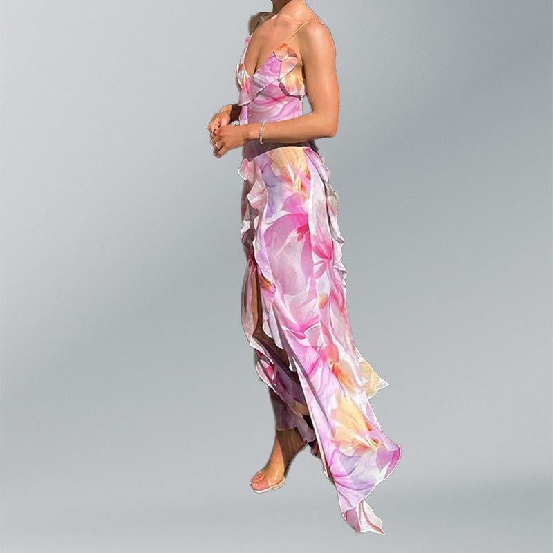 Vestido camisola estampado com efeito desfocado, tendência europeia e americana para o verão de 2025, novo modelo de nicho, sexy, com detalhes em serpentina, racha e saia comprida chique.