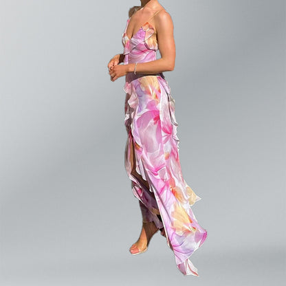 Vestido camisola estampado com efeito desfocado, tendência europeia e americana para o verão de 2025, novo modelo de nicho, sexy, com detalhes em serpentina, racha e saia comprida chique.