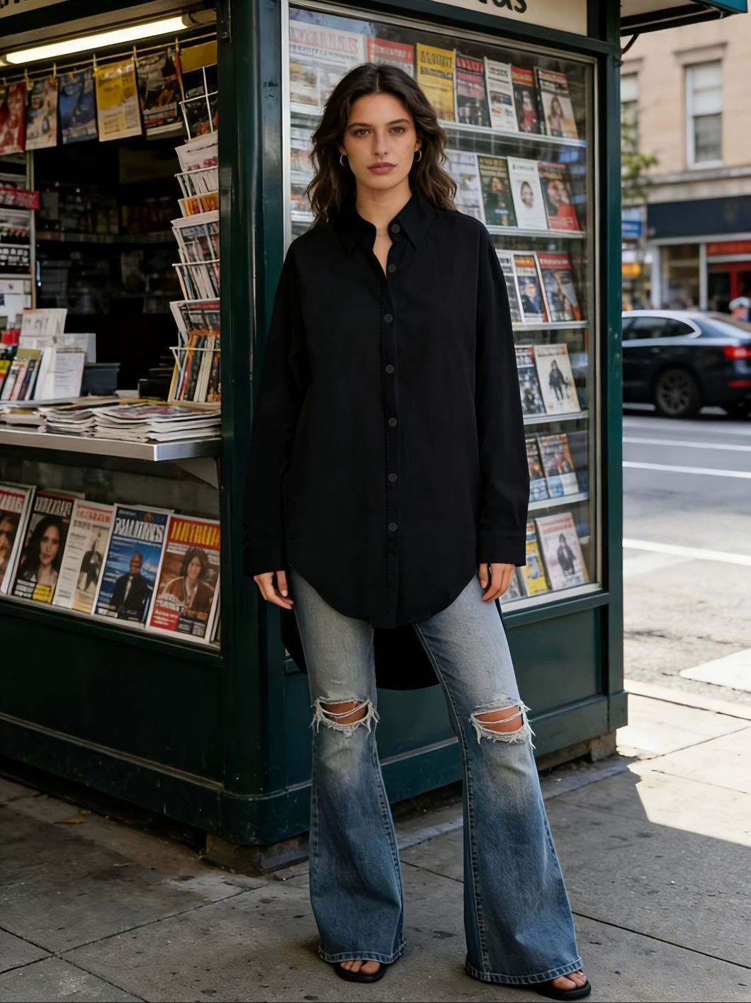 Cross-border European and American asymmetrical hem solid-color shirt for women, loose, slimming, drapey casual long-sleeve shirt for women