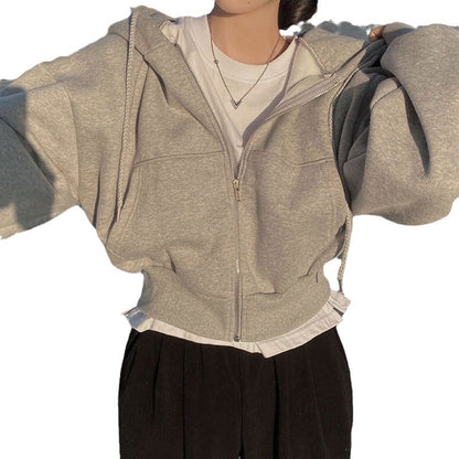 2025 new European and American jacket temperament elegant solid color lazy style hooded sports sweatshirt women's jacket 661