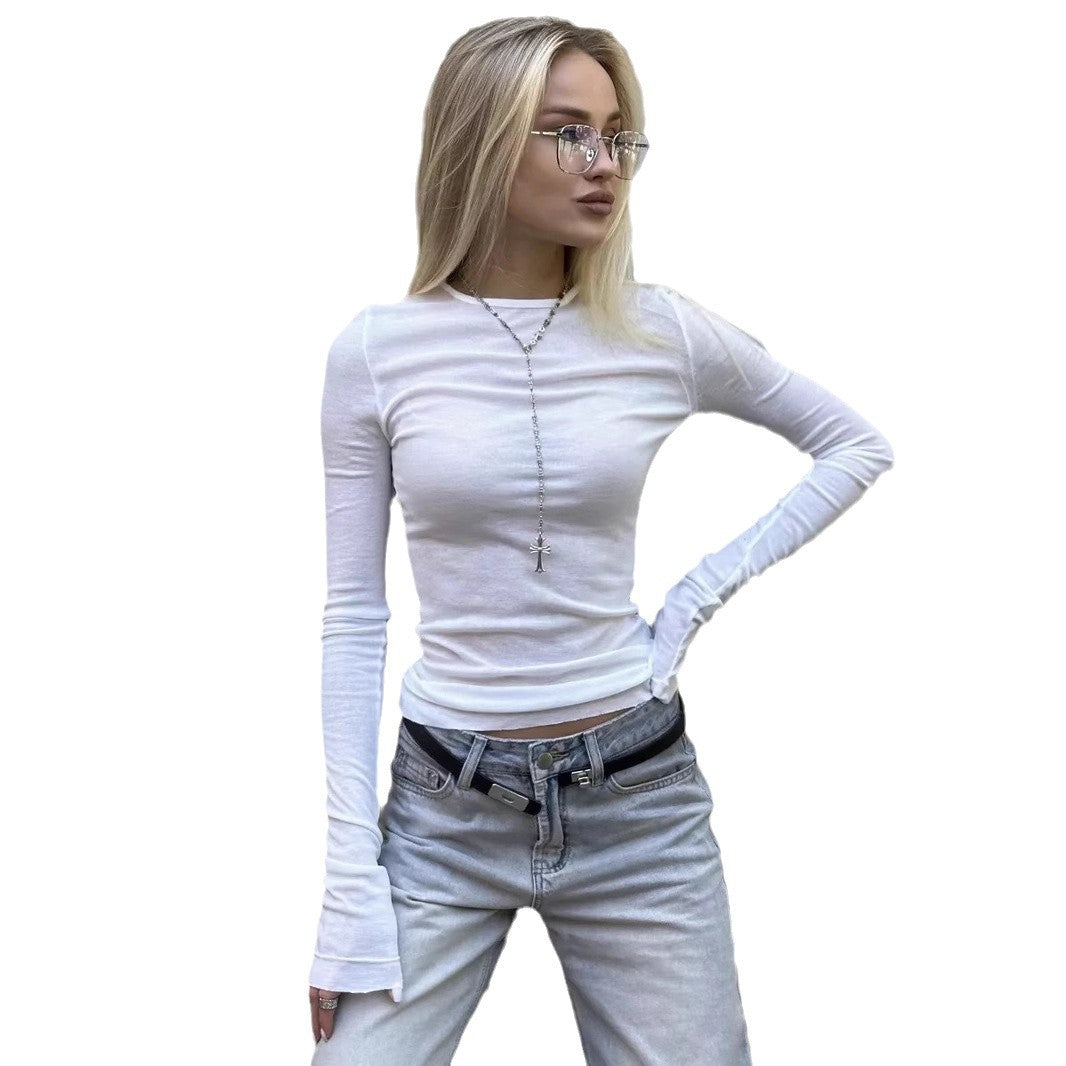 Cross-border autumn new solid color versatile slim long-sleeved top women's European and beautiful casual crew neck tight T-shirt women