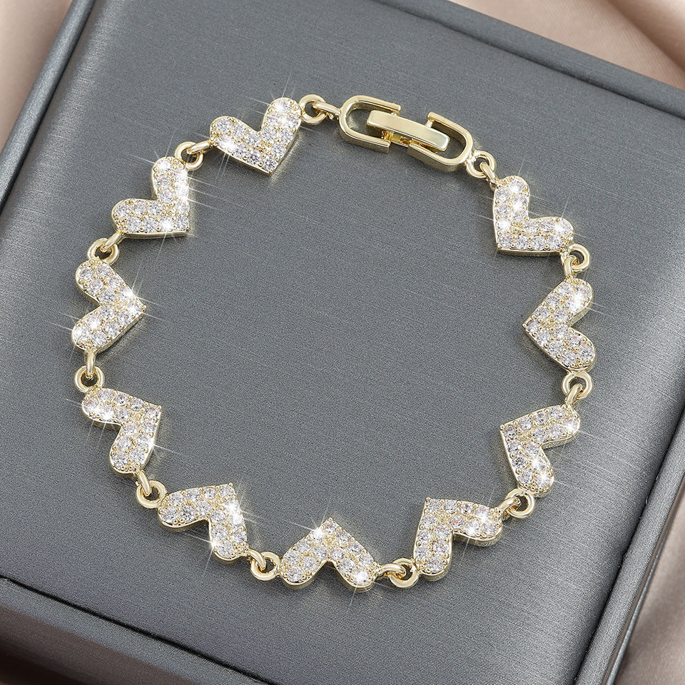 Cross-border bestseller heart-shaped fully inlaid zircon bracelet, light luxury niche wristband, versatile commuting hand accessory, TEMU bestseller
