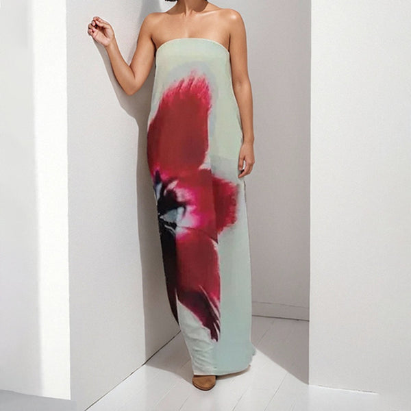 2026 spring new cross-border European and beautiful clothing temperament commuting contrast sleeveless sexy printed bandeau long dress
