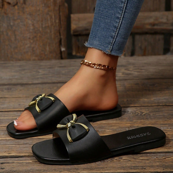 Cross-border women's shoes, new fashion slippers for foreign trade, bow decorative buckles, versatile solid color square-toe flat sandals