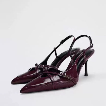 ZA2025 verão nova fivela preta com sandálias pontiagudas para mulheres estilo britânico slotted fivela salto alto para mulheres