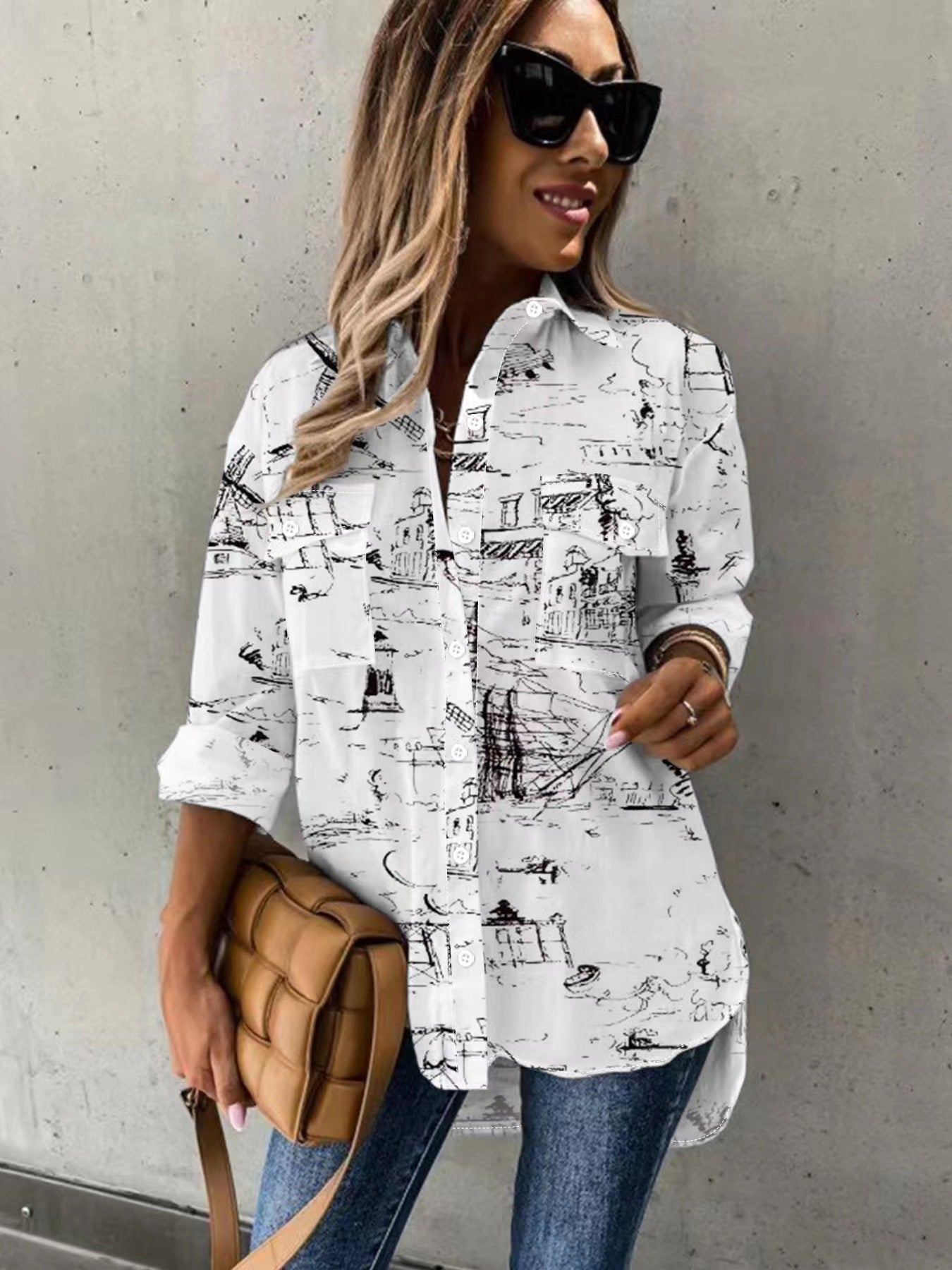 New 2025 European and American cross-border women's all-season versatile with pocket pattern, loose casual long-sleeve lapel shirt