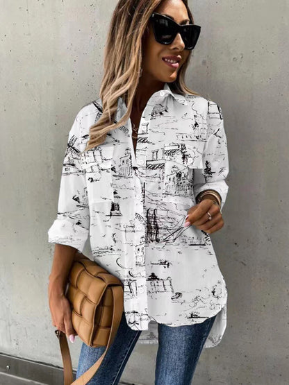 New 2025 European and American cross-border women's all-season versatile with pocket pattern, loose casual long-sleeve lapel shirt