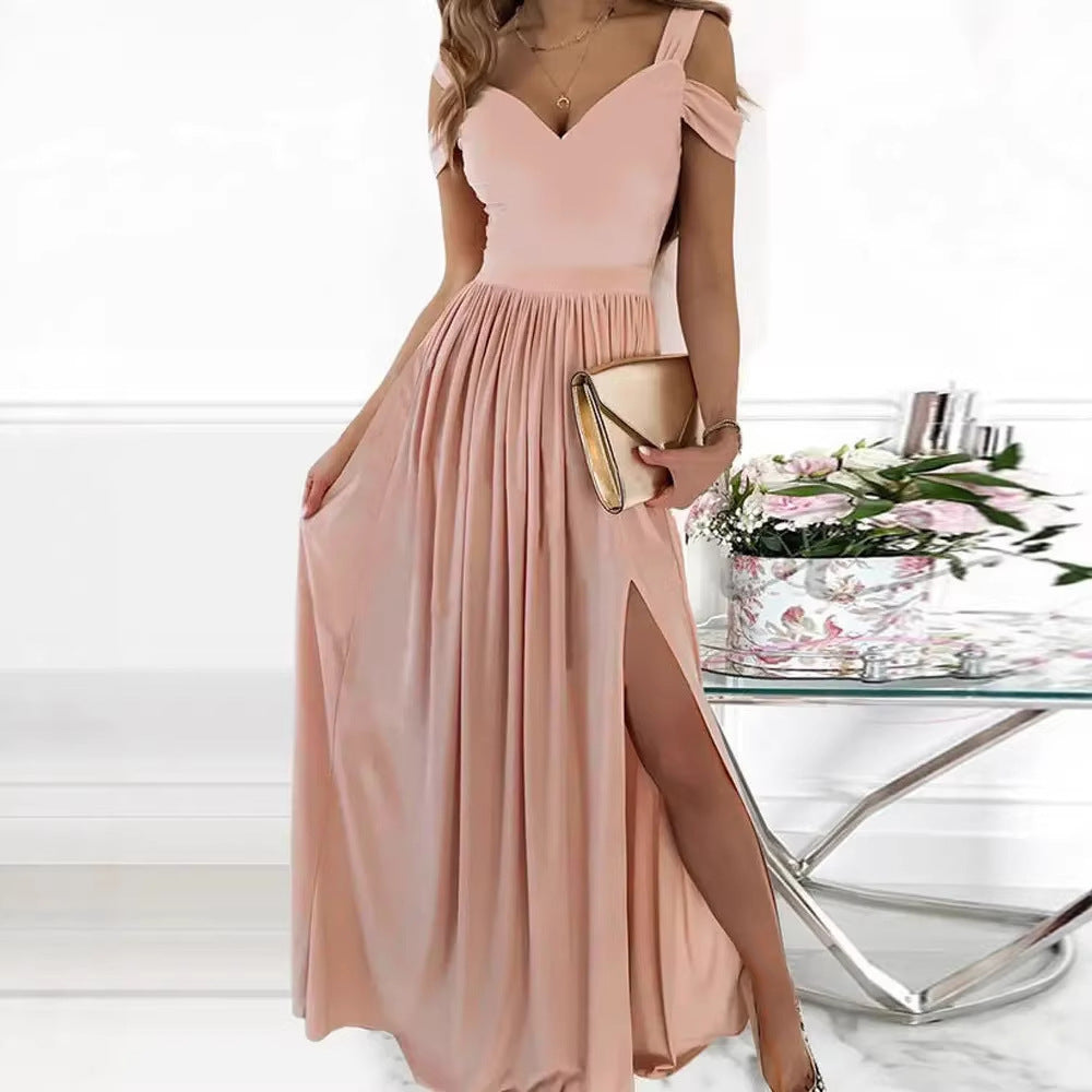 2025 Amazon cross-border foreign trade European and beautiful long skirt solid color off-the-shoulder V-neck temperament sexy slit dress