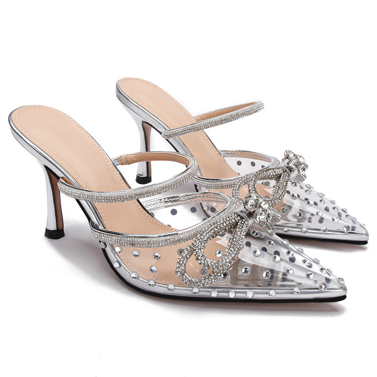 Huizhou new rhinestone transparent high-heeled sandals, women's stiletto heels, pointed toes, European and American high-heeled shoes, with a toe foreign trade