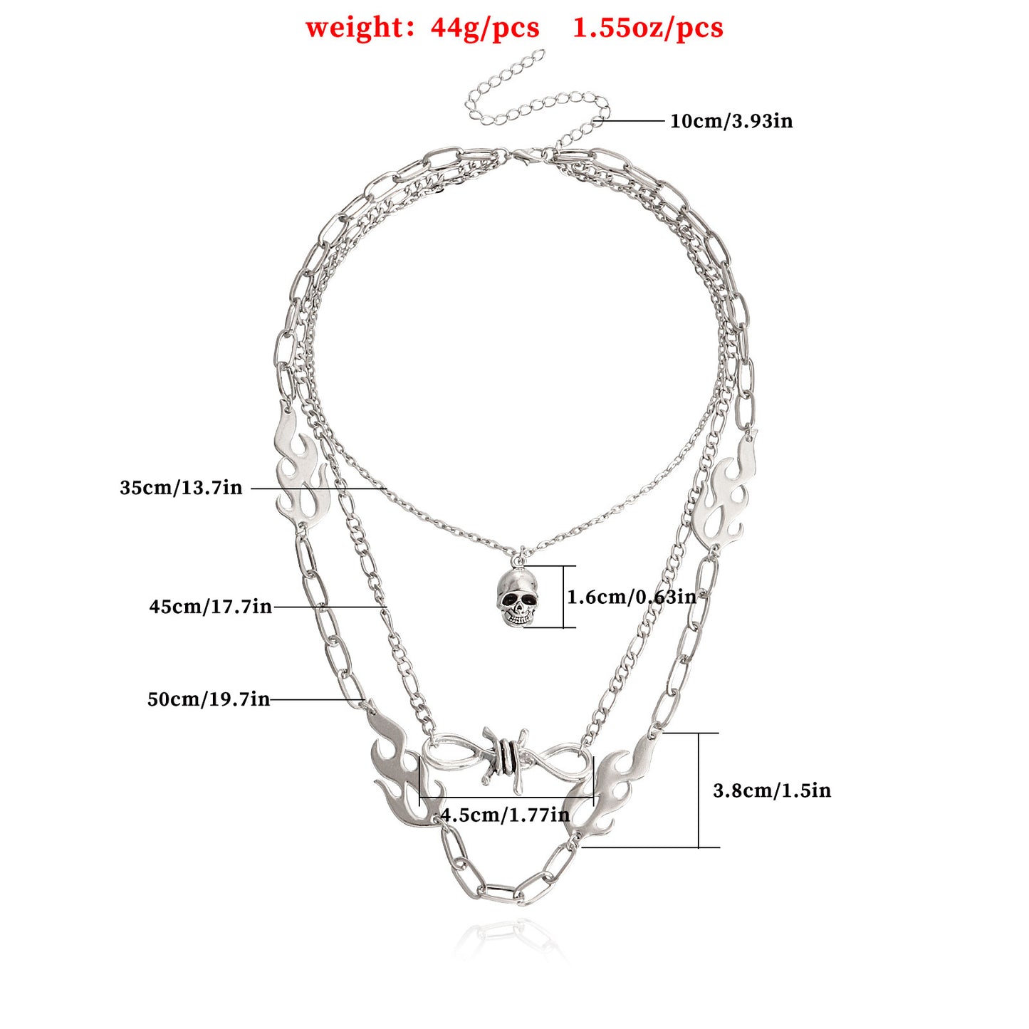 European and American cross-border jewelry, punk multi-layered flame shape, ins, metallic necklace, female skull, clavicle chain necklace