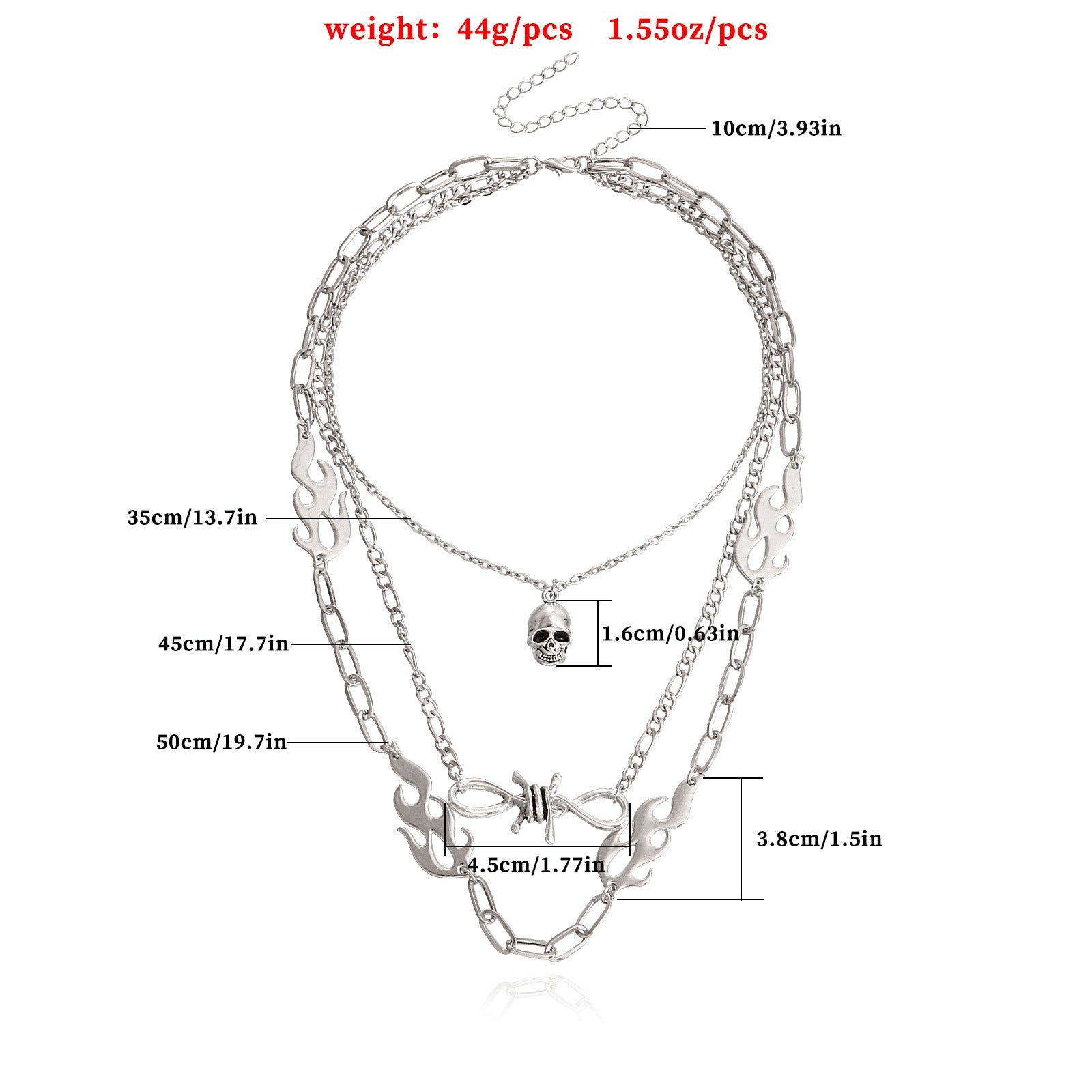 European and American cross-border jewelry, punk multi-layered flame shape, ins, metallic necklace, female skull, clavicle chain necklace