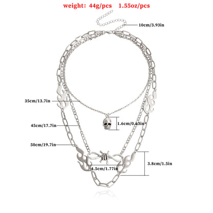European and American cross-border jewelry, punk multi-layered flame shape, ins, metallic necklace, female skull, clavicle chain necklace