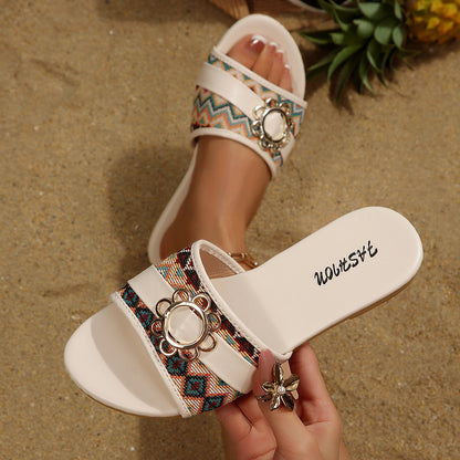 European and American cross-border women's shoes, export fashion slippers, elegant and versatile, ethnic style printed decorative round toe flat sandals