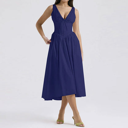 Amazon 2025 European and American women's summer new temperament commuter solid color V-neck sundress midi dress