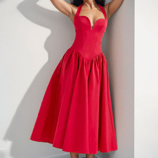 2026 spring new cross-border European and beautiful clothing temperament sexy pure desire style halterneck open back strap big swing dress
