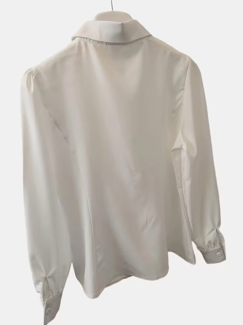 Cross-border European and American women's fashion and casual elegant style, lapel, pleated, slim-fit, solid-color shirt