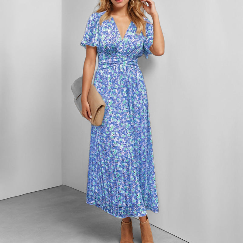 2026 spring new cross-border European beauty fashion printed temperament V-neck ruffled sleeve large swing long dress