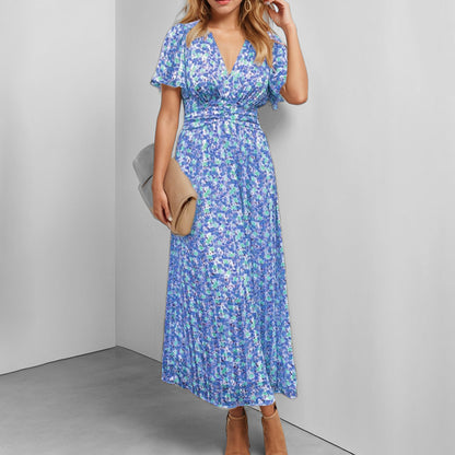 2026 spring new cross-border European beauty fashion printed temperament V-neck ruffled sleeve large swing long dress