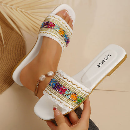 Cross-border bohemian style flat slippers women's cross-border wear braided light beach slippers