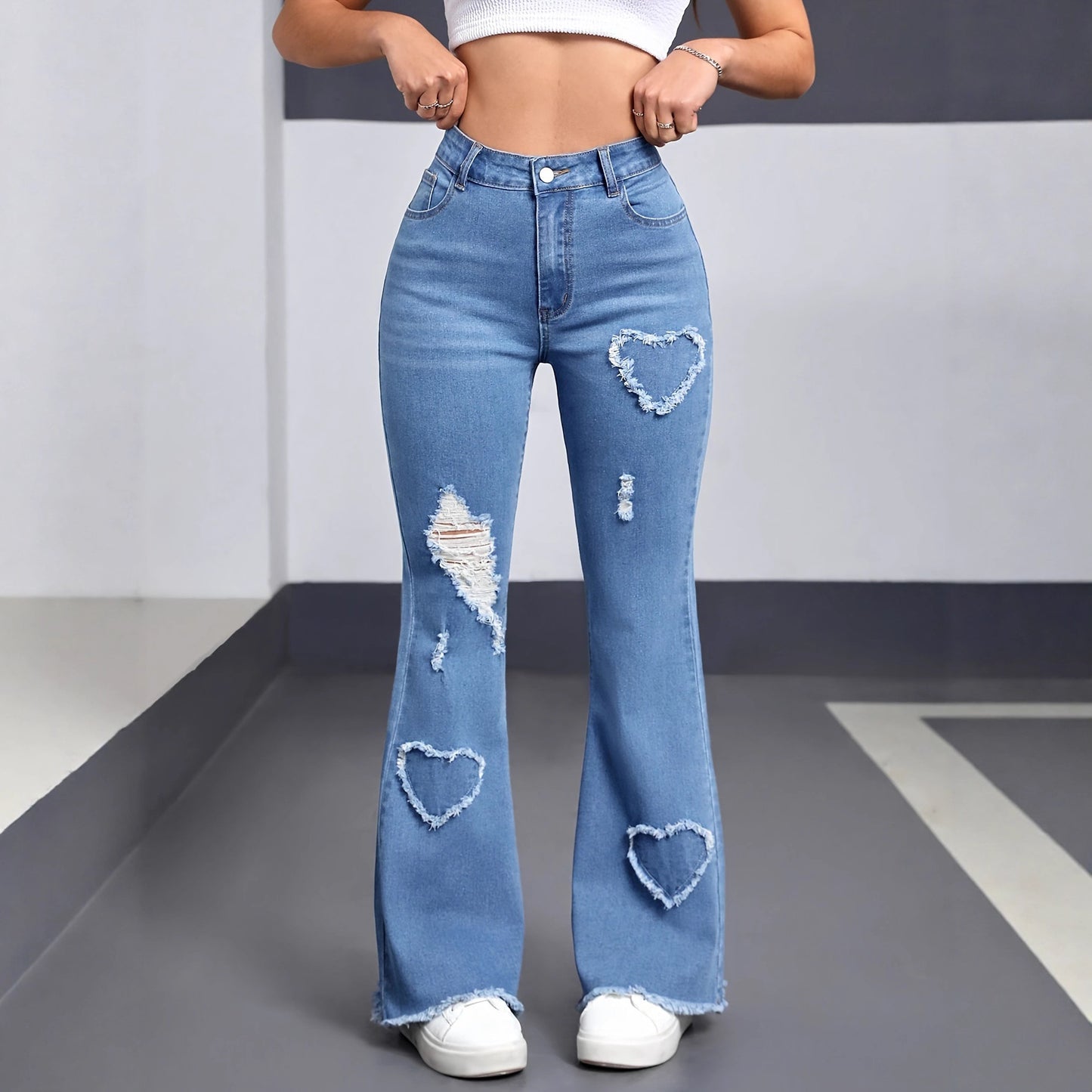 European and American women's jeans, stretch heart, pattern, ripped flared pants, fashionable casual pants, WOMEN JEANS