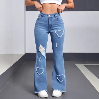 European and American women's jeans, stretch heart, pattern, ripped flared pants, fashionable casual pants, WOMEN JEANS