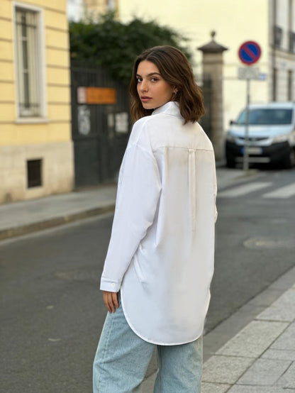 Cross-border European and American asymmetrical hem solid-color shirt for women, loose, slimming, drapey casual long-sleeve shirt for women