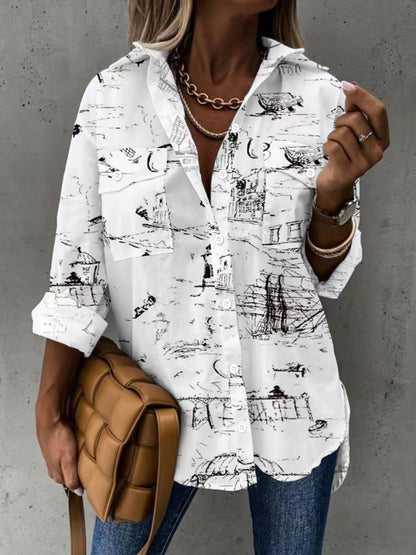 New 2025 European and American cross-border women's all-season versatile with pocket pattern, loose casual long-sleeve lapel shirt