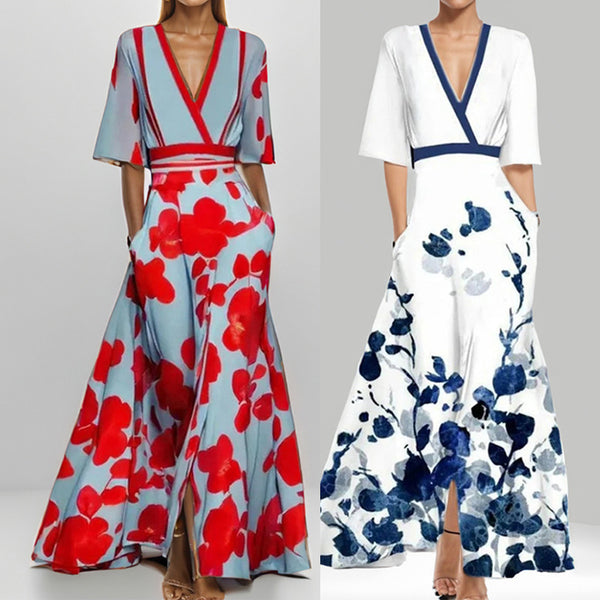 2026 Amazon European and American cross-border women's fashion and elegance V-neck print lace-up large skirt dress for women