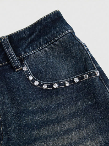 High-waisted slimming denim shorts, women's heavy industry embroidered nail beads, A-line hot girl style, new fashionable and versatile pants in summer